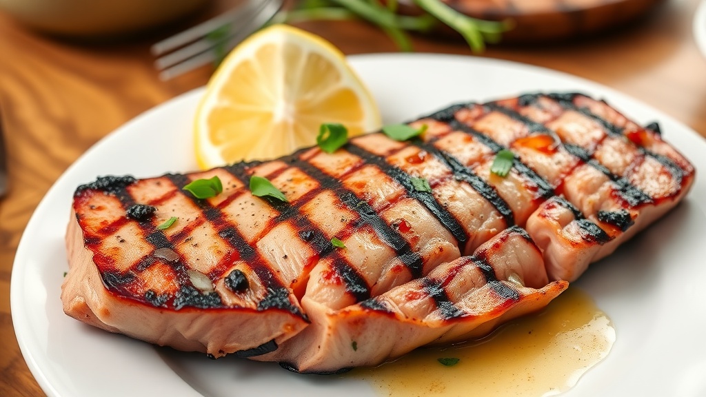 Perfectly Seared Grilled Tuna Steak Recipe Grilled tuna steak garnished with herbs and lemon on a white plate, set on a rustic wooden table.